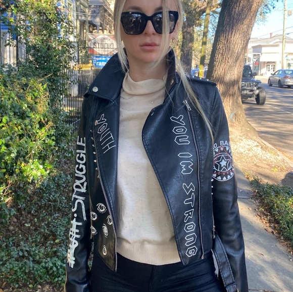 Yara Graffiti Black Moto Leather Jacket - Picture 6 of 7